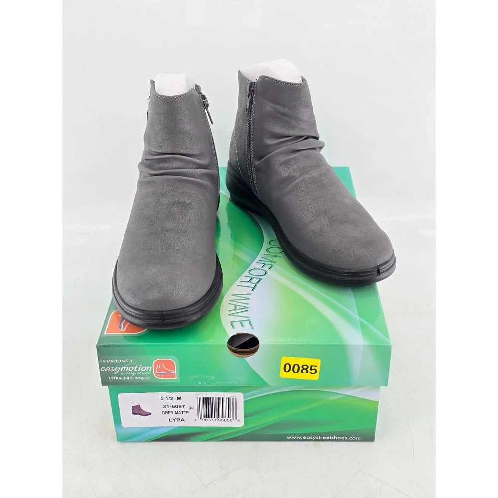 Easy Street Lyra Ankle Boots Women 5.5 Grey Matte Ruched Side Zip - New